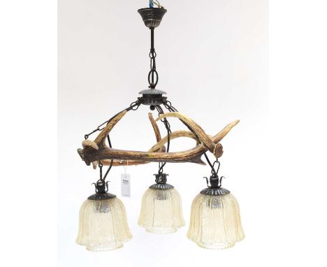 Antler Furniture: Two Antler Mounted Chandeliers, mid-late 20th century, an antler mounted three-light chandelier, formed wit