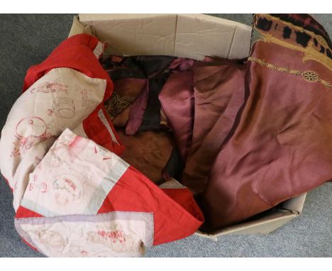 Assorted Textiles including a red bedcover, mounted with applique Victorian handkerchiefs, depicting a variety of scenes incl