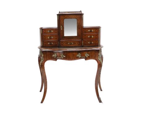 A Victorian Figured, Burr Walnut and Marquetry-Inlaid Bonheur Du Jour, 3rd quarter 19th century, in Louis XV style, the three