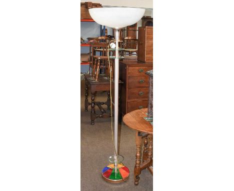 A Retro Standard Lamp, circa 1980s, with frosted plastic shade, reeded pedestal and leaded glass effect plinth