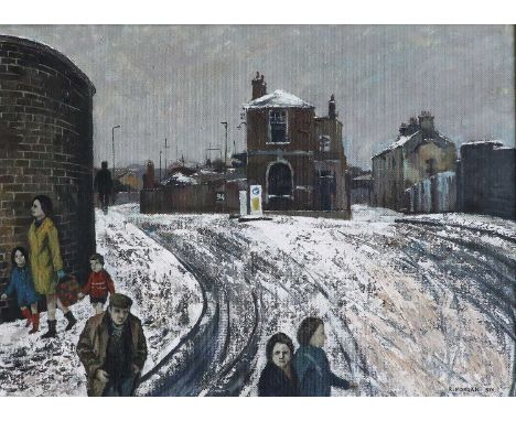 Ronald Morgan (1936-2019)"Tredegar Road, Bow, in Winter"Signed and dated 1974, labelled verso, oil on board, 49cm by 63cm