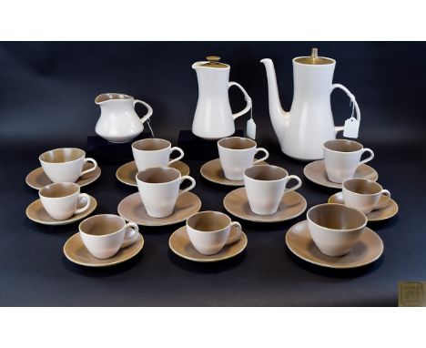 Poole Pottery Coffee Coloured Part Tea and Coffee Set includes teapot, coffee pot, sugar bowls, milk jug, cups and saucers an