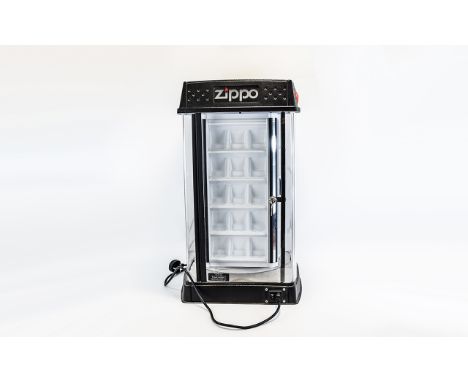 Zippo Lighter Shop Display Unit, With working lights. 28 by 14 inches. Lockable cabinet.
