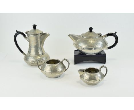 Craftsman ( Viners ) 4 Piece Hammered Pewter Tea & Coffee Service. c.1930's. Coffee Pot - 8 Inches High, Teapot - 4 Inches Hi