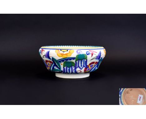 Poole - Quality Designed Red Earthenware Footed Bowl, Designed by Trudi Carter, Exotic Floral Pattern Painted on Clear Glaze 