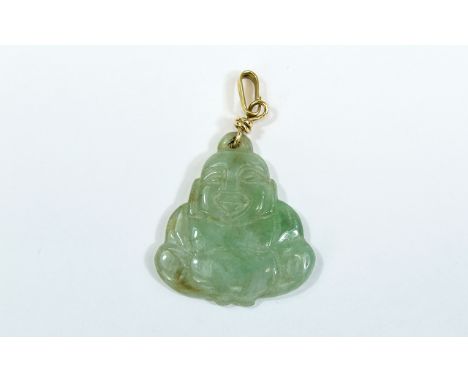 A Vintage and Nice Quality Jade Pendant In The Form of a Laughing Buddha with 9ct Gold Mount. Marked 9ct. 1.75 Inches High. E