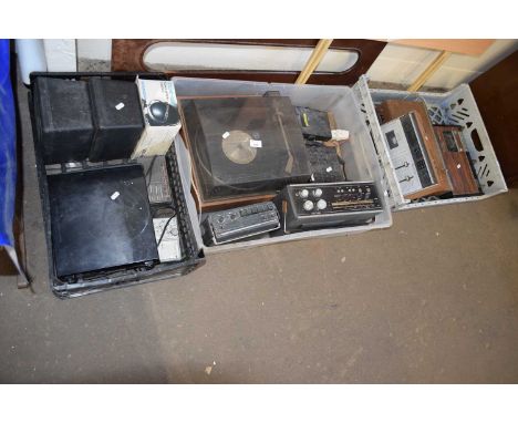Three boxes of various vintage radios, record player, speakers etc