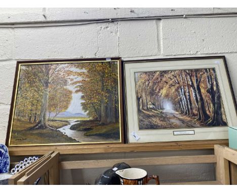 Autumn Leaves by Daniel Sherrin, reproduction print, framed and glazed together with a river through a woodland landscape by 
