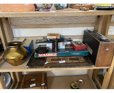 Mixed Lot:  Brass vase, cribbage board, scrabble, vintage radio etc