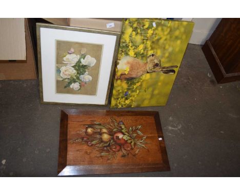 Floral painted wooden panel together with a coloured photographic print of a hare