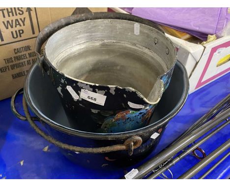 A floral painted enamel jam pan and a similar bucket