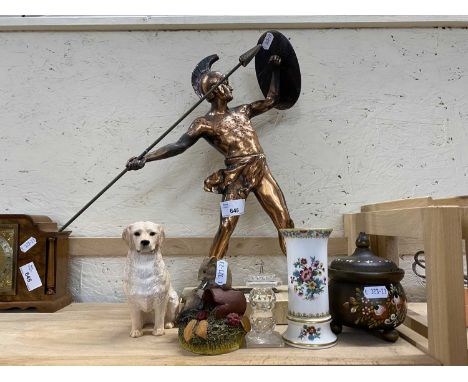 Coppered model of a Spartan throwing a spear together with a resin model of a Golden Retriever, spill vase, candlestick etc