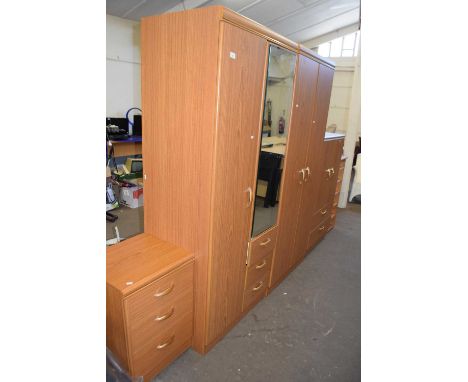 Teak finish four piece bedroom suite together with a small pine shelf (5)