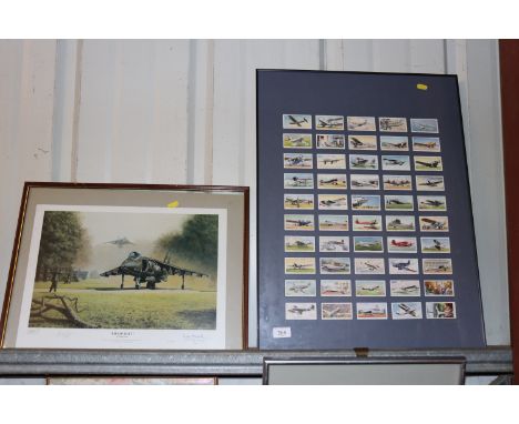 A framed collection of cigarette cards relating to aircraft and a signed Philip West print "Fieldcraft"
