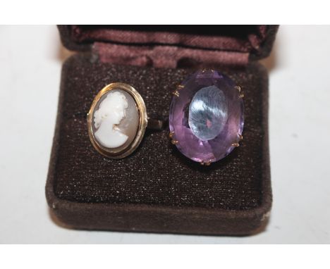 A 9ct gold amethyst set ring, ring size H approx. total weight 89gms; and a yellow metal cameo ring, ring size P, approx. tot