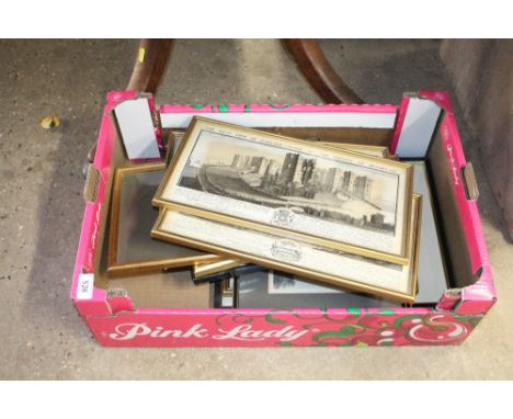 A box of various pictures and prints to include The South East View of Goodrich Castle and  The South East View of Raglan Cas