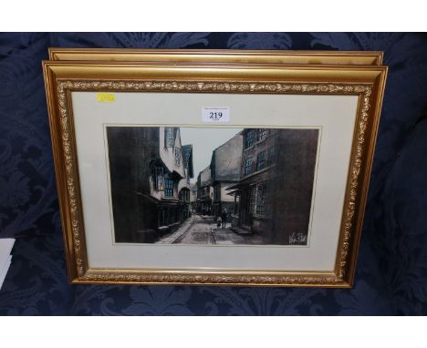 Kevin Platt, coloured print "Shambles I" and another depicting York Cathedral in gilt frames 