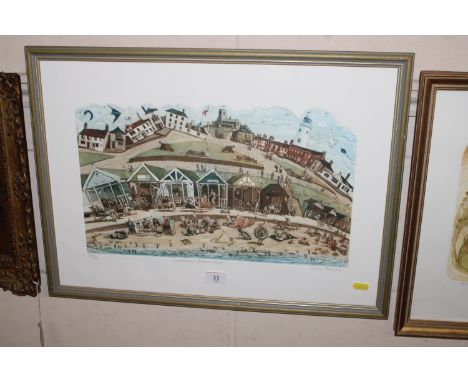 Glynn  Thomas, pencil signed limited edition print, "Southwold Beach Huts"