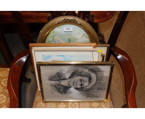 A quantity of various pictures and prints to include a charcoal portrait study 