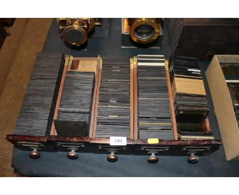 Five wooden drawers containing various Magic Lantern slides to include Educational, Biblical, and various machinery