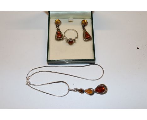 A 925 silver and amber necklace, ring and pair of ear-rings  