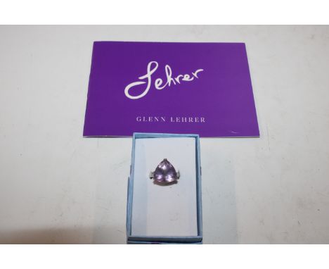A Trillion shaped Sterling silver amethyst and diamond dress ring, ring size L/M, approx. 6gms with booklet