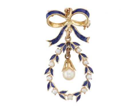 An 18ct gold seed pearl and blue enamel wreath pendant, suspending a central cultured pearl drop, with blue enamel bow surmou