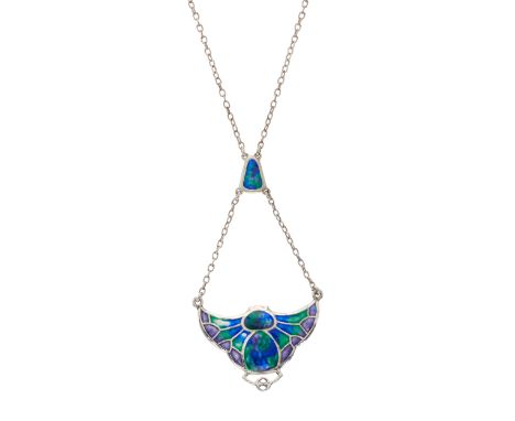 Charles Horner, an Art Nouveau silver and polychrome enamel pendant, designed as a stylised bat, with chain surmount and enam