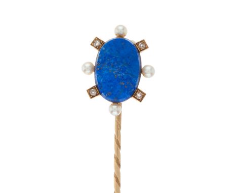 A late 19th century gold lapis lazuli cabochon stickpin, with alternating old-cut diamond and seed pearl surround, length of 