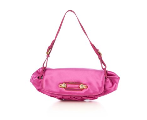 Jimmy Choo, a small satin handbag, crafted from hot pink satin, with gold-tone hardware, embellished front logo plaque, detac