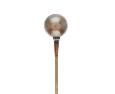 A 19th century gold, grey pearl stickpin, with rose-cut diamond collar, pearl measures approximately 11.5mm, 3.8g, in fitted 