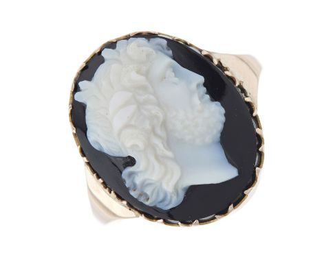A 19th century gold agate cameo ring, carved to depict a bearded man in profile, with tapered shoulders and replacement band,