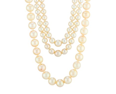Three cultured pearl necklaces, each with 9ct gold clasp, to include a graduated two-strand and two single-strand necklaces, 
