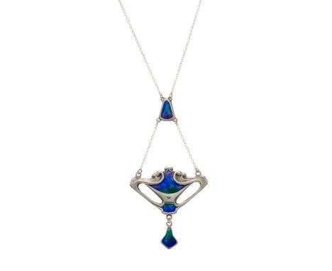 Charles Horner, an Art Nouveau silver and polychrome enamel pendant, with enamel drop and chain spacer, suspend from a later 
