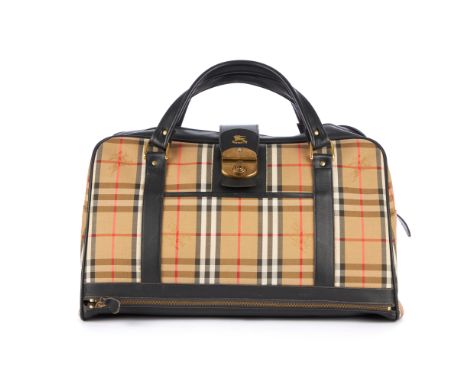 Burberry, a vintage Haymarket Check holdall travel bag, designed with the maker's check canvas exterior and black leather tri