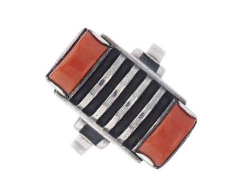 Theodor Fahrner, an Art Deco silver, coral cabochon and black enamel dress ring, with black enamel shoulders, maker's marks f