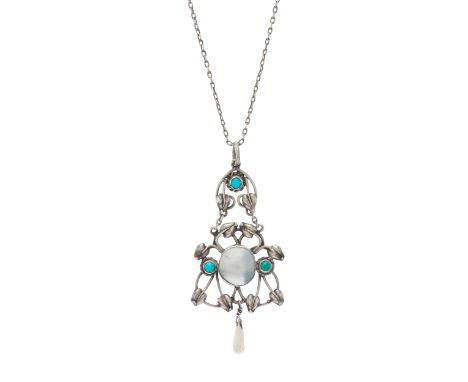 Liberty & Co. (attributed), an Arts & Crafts silver turquoise cabochon and blister pearl foliate openwork pendant, with pearl