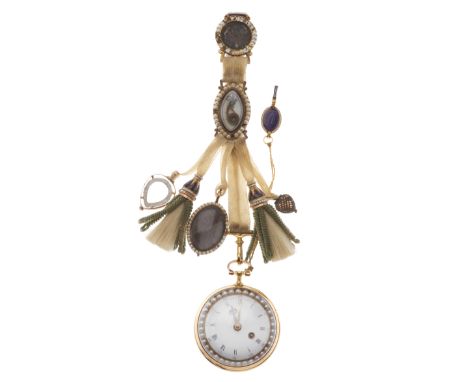 A late Georgian gold, rose-cut diamond, split pearl and purple guilloche enamel pair case pocket watch by Pickett & Rundell L