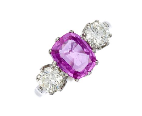 A platinum cushion-shape pink sapphire and brilliant-cut diamond three-stone ring, sapphire estimated weight 2ct, estimated t