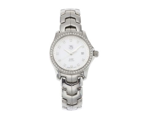 Tag Heuer, a stainless steel Link bracelet watch, factory diamond set mother-of-pearl dial, factory diamond set bezel, refere