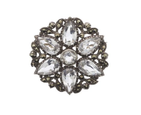 Sibyl Dunlop, a mid 20th century silver, vari-shape rock crystal and marcasite floral openwork brooch, maker's marks for Siby