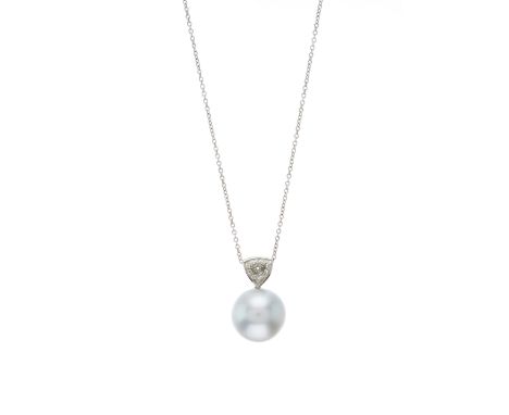 An 18ct gold South Sea cultured pearl pendant, with triangular-shape diamond surmount, suspended from an integral trace-link 