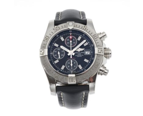 Breitling, a stainless steel Avenger II chronograph wrist watch, circa 2017, black dial, reference A13381, signed automatic m