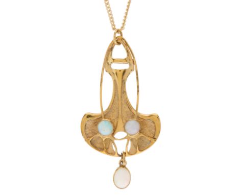 Theodor Fahrner, an Art Nouveau silver gilt opal cabochon openwork pendant, with oval opal cabochon drop, suspended from a ye