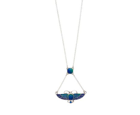 Charles Horner, an Art Nouveau silver and polychrome enamel winged scarab pendant, with later chain surmount enamel disc spac