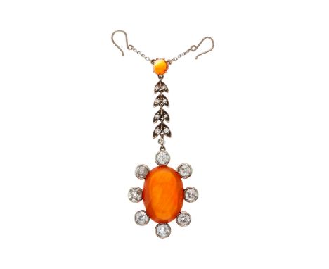 A late Victorian gold and silver, fire opal cabochon and old-cut diamond cluster drop pendant, with old-cut diamond foliate a
