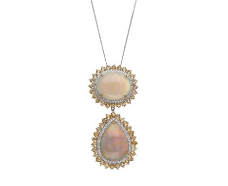 An 18ct gold opal cabochon cluster drop pendant, with brilliant-cut diamond and circular-shape citrine double surround, suspe