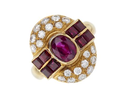 Vildiridis, an 18ct gold oval-shape ruby dress ring, with pave-set diamond partial surround and calibre-cut ruby sides, signe