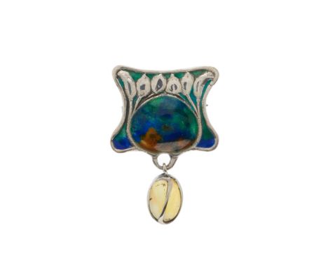 Liberty & Co., an Art Nouveau silver and polychrome enamel foliate brooch, with oval opal cabochon drop, maker's marks for Li