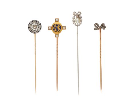 Of Royal interest, a selection of four stickpins, to include a late Victorian gold stickpin enamelled '80', with split pearl 